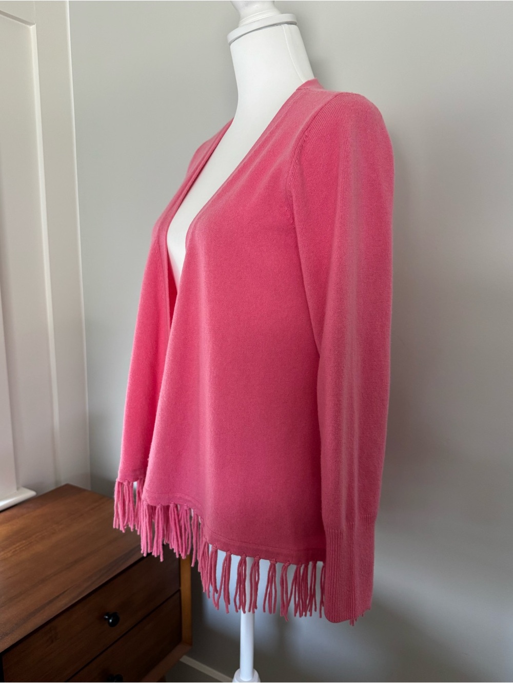 100% Cashmere Cardigan Pink Open-Front Fringe Hem Sweater - Picture 2 of 6